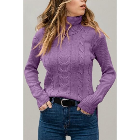Women Light Purple Pull On Cable Knit Turtleneck Long Sleeve Casual Warm Sweater - Picture 3 of 3